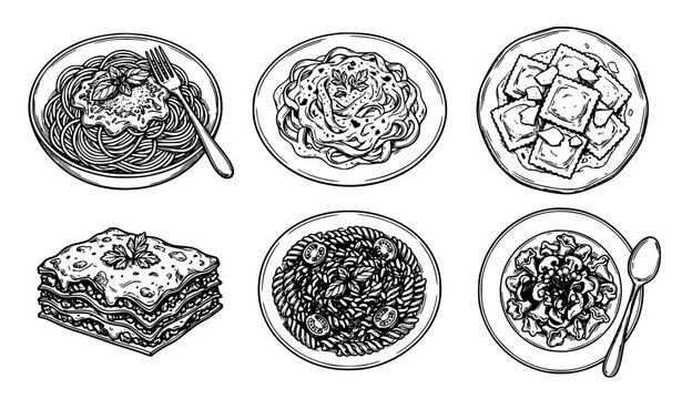 Italian Pasta Dish Icon Set Featuring Hand Drawn Vintage Line Art Bowls of Spaghetti Bolognese Fettuccine Alfredo Ravioli Lasagna and Penne for Restaurant Menus