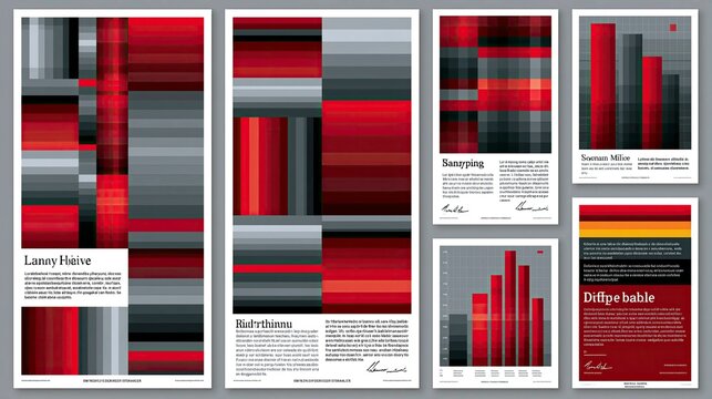 Set of six modern abstract infographic and data visualization charts with red, gray, and black colors
