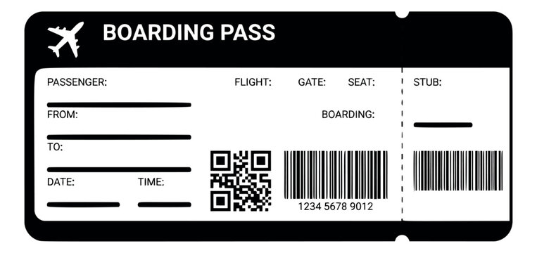 Flat illustration of blank boarding pass depicting airline ticket template with barcode and QR code for travel design