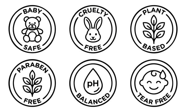 Outline icon set of 6 baby and cosmetic safety badges featuring cruelty free, plant based, paraben free, pH balanced and tear free symbols for product labeling