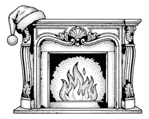Fototapeta premium Engraving style illustration of a ornate Victorian fireplace depicting a burning fire with Santa hat for Christmas holiday design