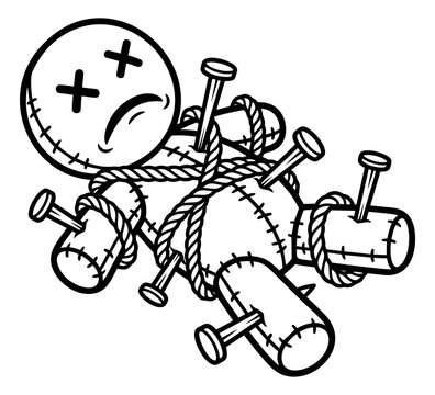 Cartoon illustration of a voodoo doll depicting a stitched figure bound with rope and pierced with nails for halloween and horror design