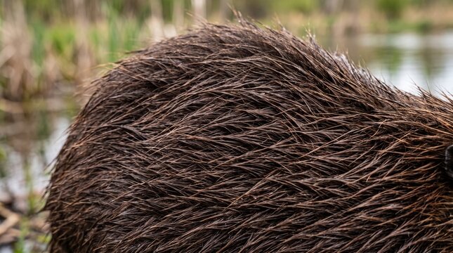 Close up of beaver fur texture. Detailed brown animal coat in natural habitat.