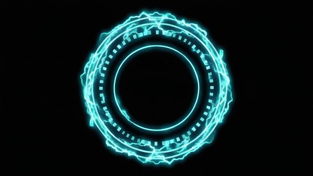 Glowing cyan magic circle with electric energy rings on a black background.