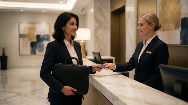 Professional Businesswoman Receiving Key Card from Receptionist at Luxury Hotel Lobby Front Desk
