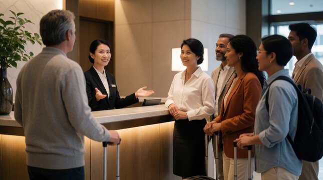 Friendly Female Receptionist Welcoming a Diverse Group of Tourists at a Luxury Hotel Front Desk
