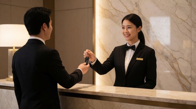 Elegant receptionist handing room key to guest at luxurious front desk with warm marble walls