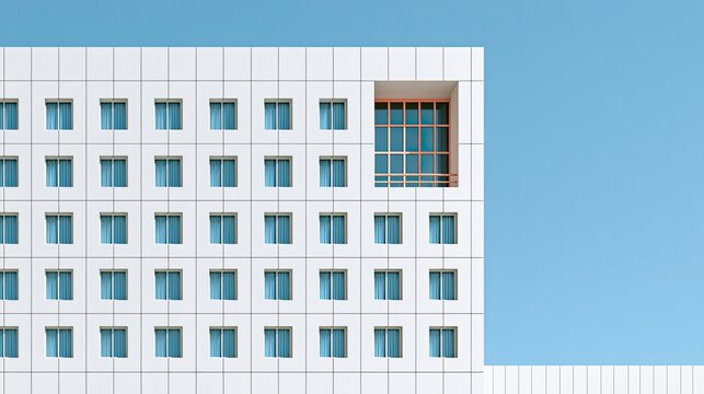 Modern white building facade with multiple small windows and a single enclosed window area against blue sky