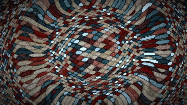 Earth tone mosaic weave pattern with blue red and brown color palette.