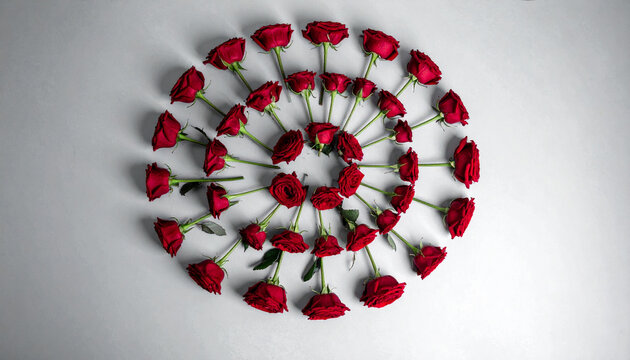 Circular arrangement of red rose bloom on light gray background, top view floral composition with elegant shadow