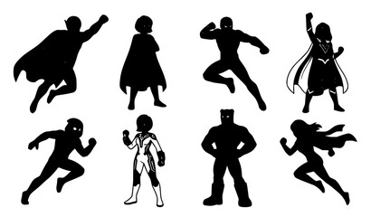 Comic style superhero collection with original flying heroes powerful characters capes and action vector illustrations © Surjo