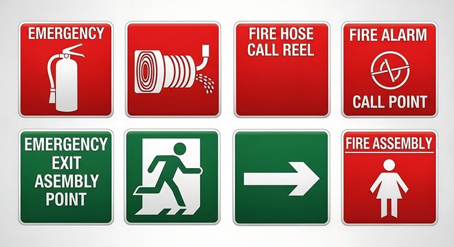Emergency safety signs for fire assembly points.
