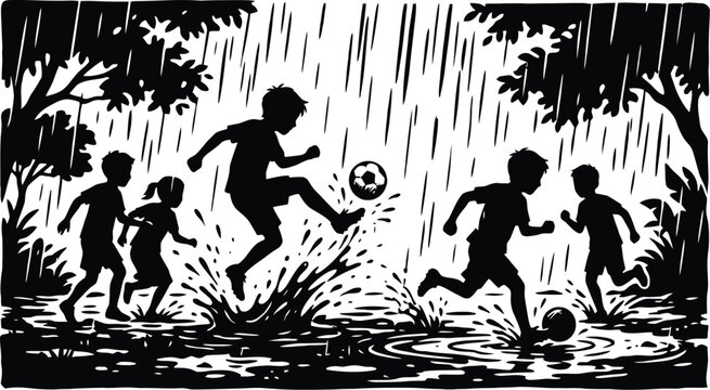 Silhouette Of Children Playing Football During A Rainstorm Black And White Vector Illustration