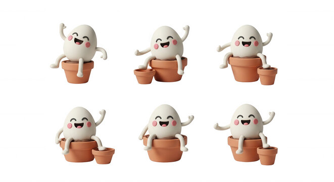 cartoon eggs are sitting in terracotta pots waving white background easter or spring designs