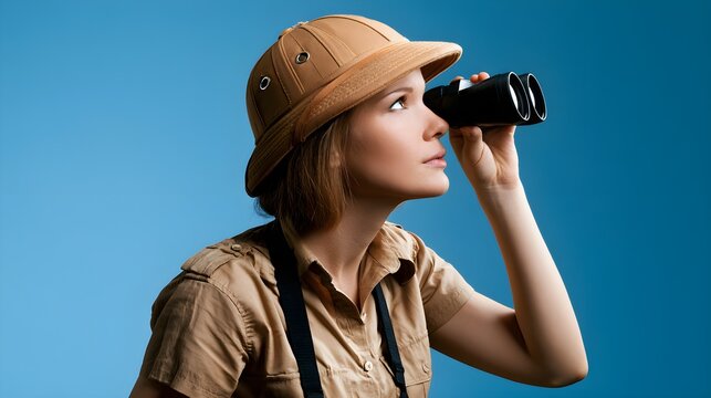 Adventurous woman in pith hat looking through binoculars, female explorer on safari expedition, traveler searching horizon