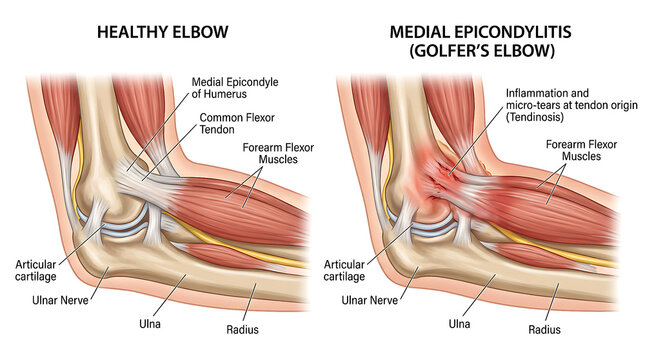 Anatomical Comparison Showing the Differences Between a Healthy Human Elbow Joint and Medial Epicondylitis Injury
