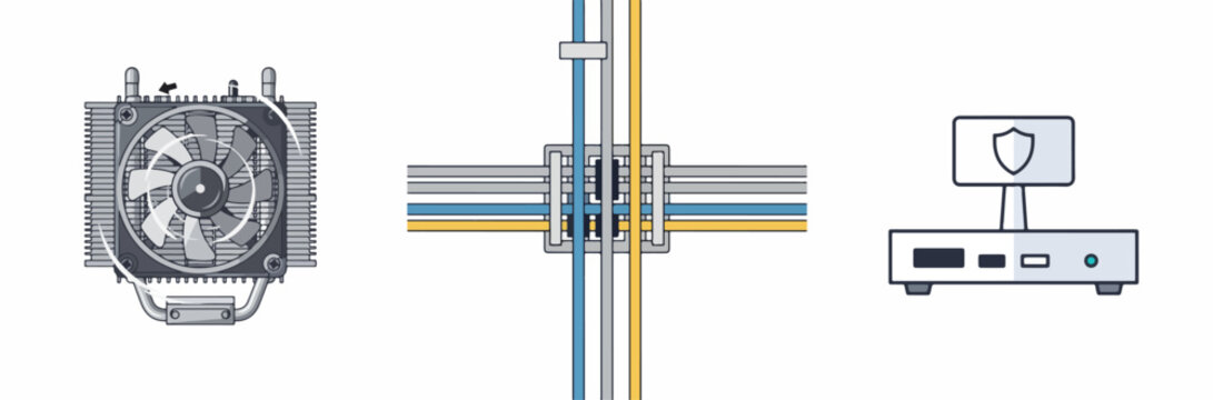 Modern CPU cooler, motherboard connection, and secure server illustration