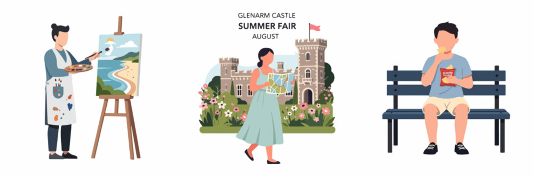 Summer fair at Glenarm Castle with painting, event, and ice cream scenes