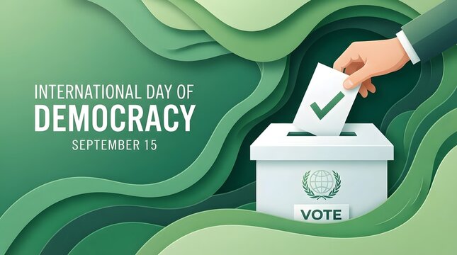 International day of democracy illustration with hand casting a vote