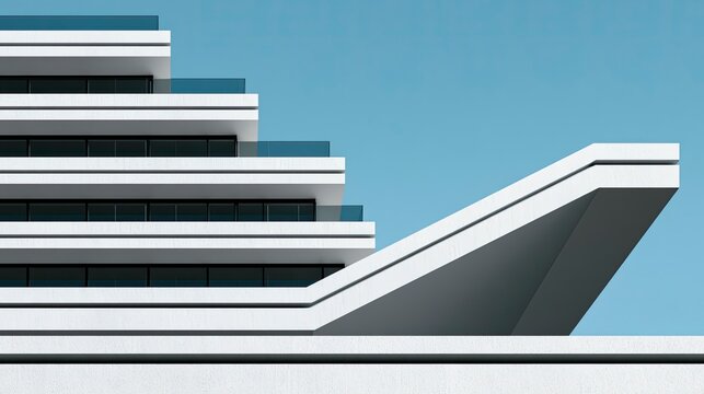 Modern Multi-Level Building Exterior With Sharp Architectural Lines Under Clear Blue Sky