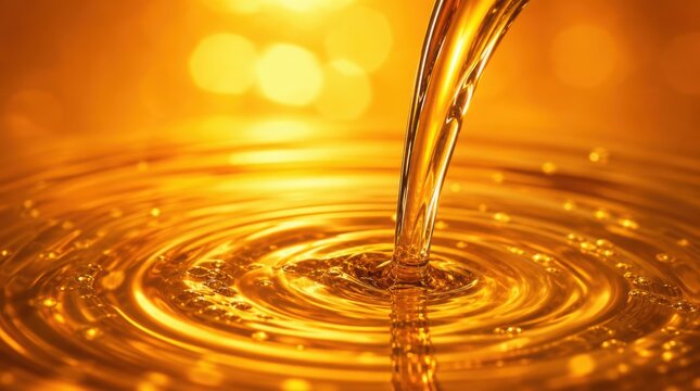 Golden liquid is being poured, creating ripples and reflections in a luminous, warm-toned setting.