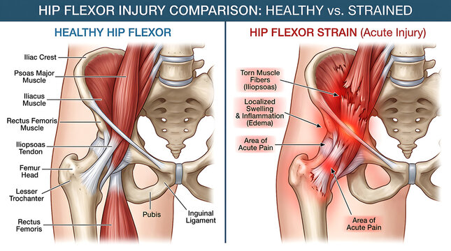Medical Illustration Comparing Healthy Human Hip Flexor Anatomy Against Strained Muscle Tissue Injuries with Inflammatory Edema Symptoms