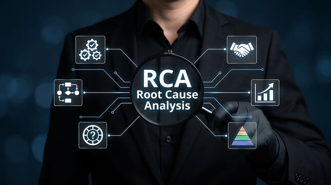 Root Cause Analysis RCA concept businessman holding magnifying glass visual display