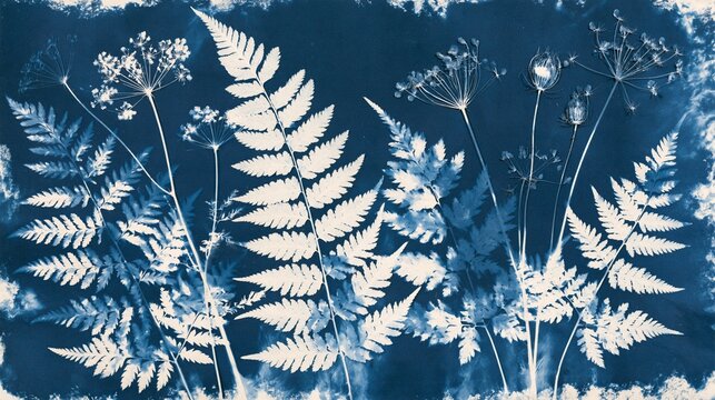 Botanical cyanotype print with fern fronds and wild seed heads in blue