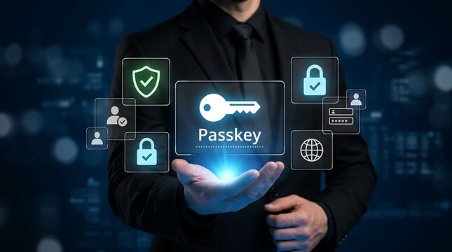Businessman holding passkey technology icon for secure digital authentication concept