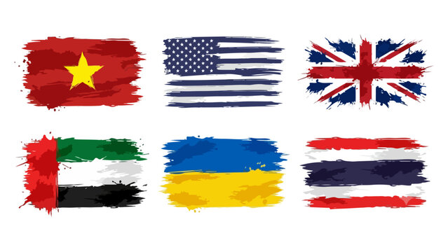 6 Country Flags Brush Stroke Vector Set on White Background