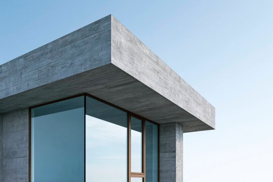 Modern Concrete Building Corner with Glass Windows and Clear Sky Background