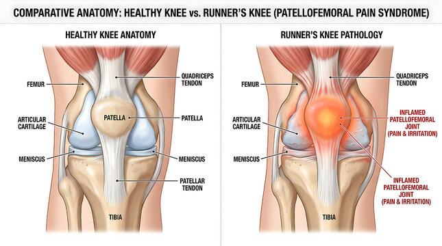 Medical Illustration Comparing Healthy Knee Anatomy and Patellofemoral Pain Syndrome