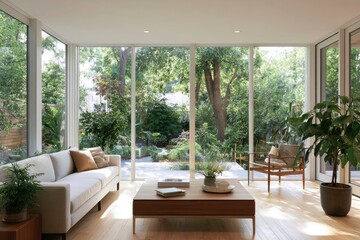 Fototapeta premium Bright modern living room with large floor-to-ceiling windows and lush garden view