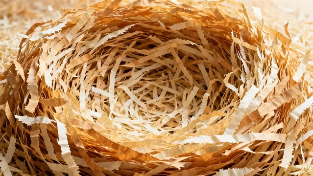 Bird nest made of shredded paper and recycled materials background