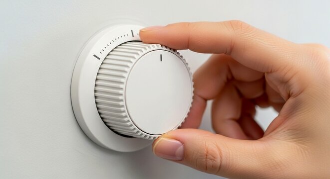 Hand adjusting a white rotary dial on wall thermostat