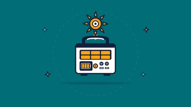 Illustration of a portable solar power station with integrated panels and a sun icon, on a teal background.