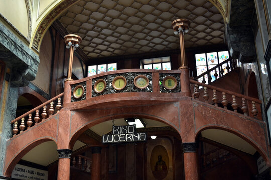 PRAGUE, CZECH REPUBLIC - JUNE, 29, 2026. Historic lucerna cinema entrance with ornate balcony and stained glass windows inside arcade in prague for vintage theater background and cultural design
