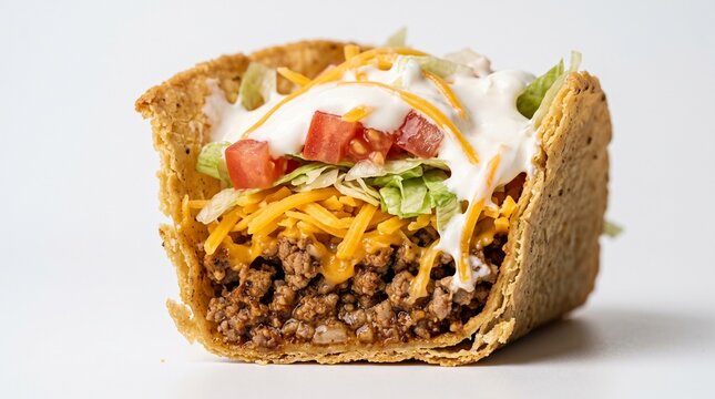 Classic Ground Beef Taco - High quality food photography of a Cross-section of a
classic hard shell ground beef taco with cheese and lettuce