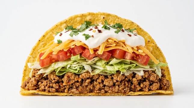 Classic Ground Beef Taco - High quality food photography of a Cross-section of a
classic hard shell ground beef taco with cheese and lettuce