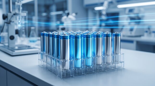 A rack of glowing cylindrical batteries in a modern laboratory setting, highlighting energy storage research and development.