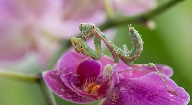 Green praying mantis perched on a vibrant purple orchid flower