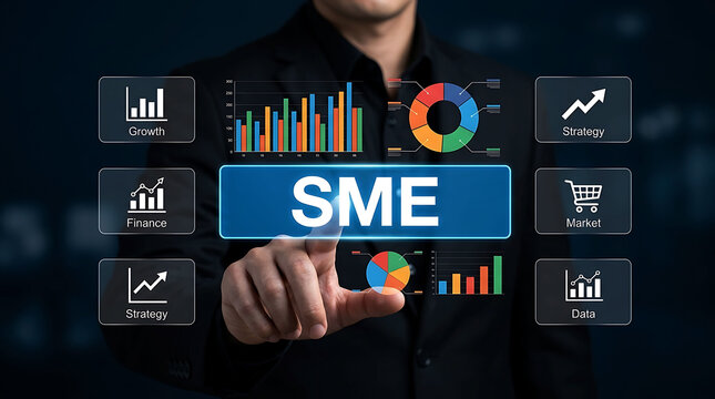 Businessman Touching SME Business Growth Strategy Analytics Interface Dashboard Screen