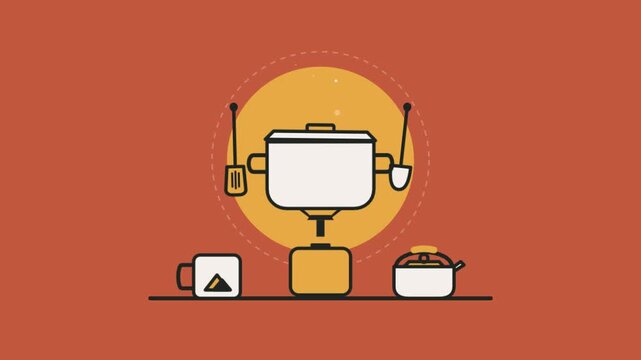 Flat illustration of camping cooking equipment including a pot on a portable stove, a mug, and a small kettle, set against an orange background.