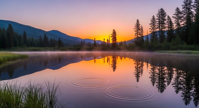 Stunning Sunrise Over a Calm Mountain Lake with Forest Reflections.
