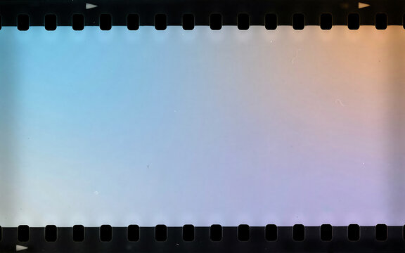 Vintage 35mm analog film strip frame border with colorful light leaks grain texture and sprocket holes on top and bottom edges
