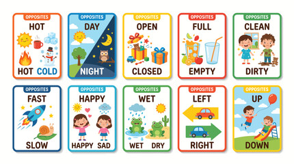 Fototapeta premium Educational Flashcards Featuring Colorful Illustrations of Common Opposite Words for Preschoolers and Early Learners Development