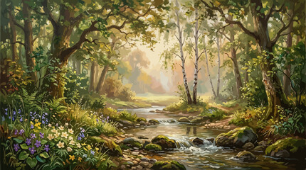 Fototapeta premium Stream flows gently through a lush forest clearing filled with colorful wildflowers and sunlit birch trees.