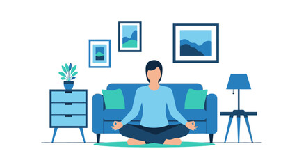 Fototapeta premium Flat Vector Illustration of a Woman Meditating in a Living Room for Mindfulness and Wellness Concept