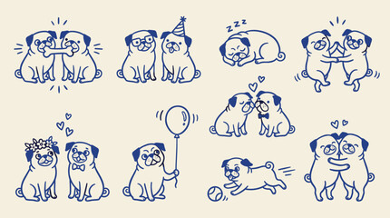Obraz premium Cute Pug Dog Couples in Various Poses Doodle Set Hand Drawn Blue Line Art Vector Illustration