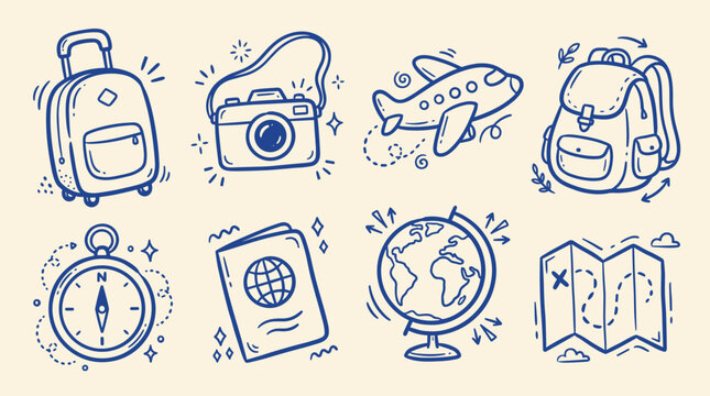 Travel Essentials and Vacation Accessories Doodle Set Hand Drawn Blue Line Art Vector Illustration